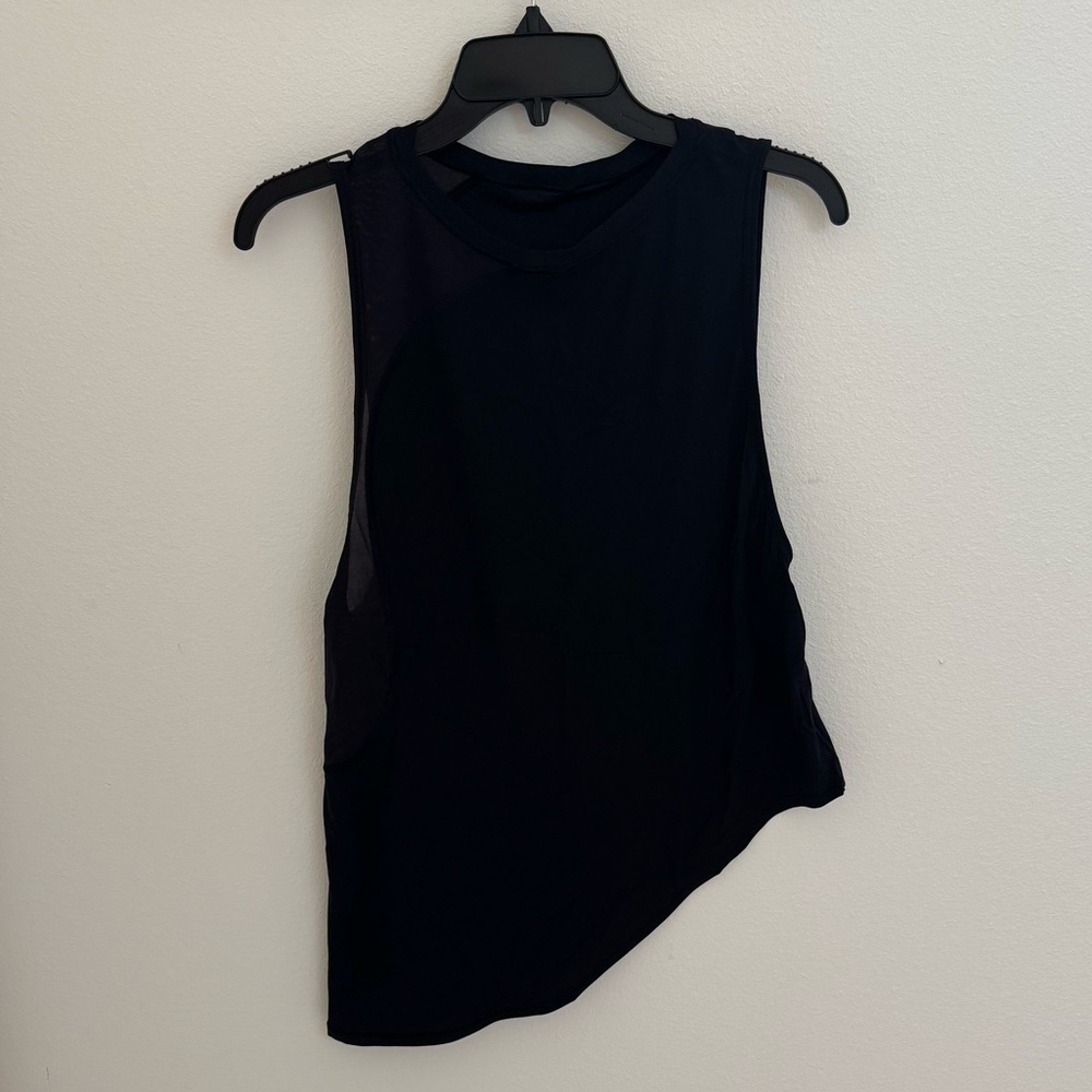Women’s black Lululemon asymmetric athletic tank top, size 6